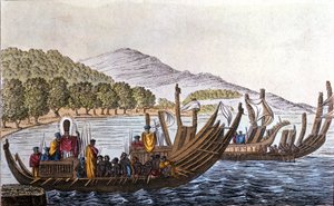 Le départ des Polynésiens pour le Pacifique à bord de pirogues à double coque. Lithographie du début du 19ème siècle - Unknown artist
