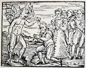Le diable baptisant des hommes et des femmes en prière - gravure