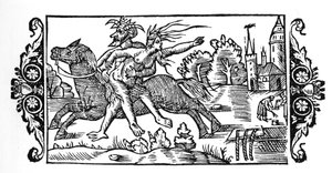 Le diable portant une sorcière - dans "Historia de Gentibus Septentrionalibus" par Olaus Magnus, Rome 1555 - Unknown artist