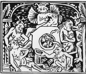 Les diables tourmenteurs forcent les gloutons à manger des crapauds et des serpents - « Grand Calendrier et Compost des Bergers », Lyon - Unknown artist