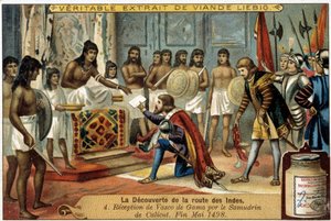 La découverte de la route des Indes : Réception de Vasco de Gama par le Samudrin de Calicut, fin mai 1498 - vignette publicitaire Liébig - Unknown artist