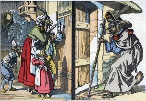 Le loup déguisé frappe à la porte de la maison avec la chèvre et les biquets. Illustration du conte « Compère le Loup, Maître Renard, Commère la Chèvre et ses petits biquets » d