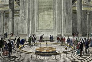 La célèbre expérience du Pendule par Léon Foucault en 1851 démontrant la rotation de la Terre au Panthéon à Paris.