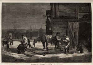 Le maréchal ferrant, dans la banlieue de Moscou. Dessin de Henriet, pour illustrer son voyage dans les provinces baltes russes en 1851-54. Gravure dans « Le tour du monde », édité par Edouard Charton