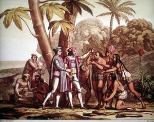 Les premiers Indiens apparus à Christophe Colomb à son arrivée en Amérique, - dans « Le costume ancien et moderne » de Jules Ferrario