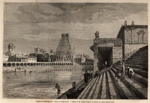 Le ghaut ou étang sacré de la pagode de Chillambaran, situé sur le golfe du Bengale, près de Pondichéry (Inde) ; quelques fidèles descendent l