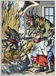 La chèvre tue le loup dans la cheminée. Illustration du conte "Compère le Loup, Maître Renard, Commère la Chèvre et ses petits biquets" d