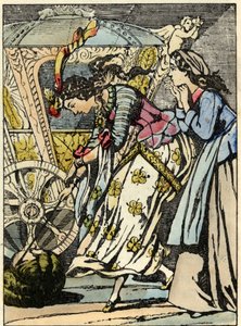 La bonne fée transforme la citrouille en carrosse sous les yeux de Cendrillon. Illustration du conte de Charles Perrault « Cendrillon ou La petite pantoufle de verre » - Unknown artist