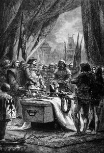 Le gouverneur place les clés de Châteauneuf de Randon sur le cercueil de Bertrand Du Guesclin (1320 - 1380), un homme de guerre breton et un patriote français contre les Anglais. Gravure du 19ème siècle - Unknown artist
