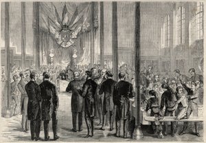 Le prince impérial Eugène Louis Joseph (1856-1879) assistant au banquet de la Saint-Charlemagne à Paris, au lycée Bonaparte (puis lycée Condorcet). Gravure dans « L
