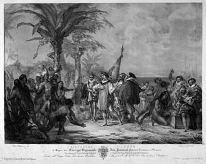 Le débarquement de Christophe Colomb à San Salvador (Bahamas) le 12/10/1492. Gravure du XIXe siècle