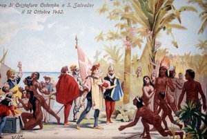 Le débarquement de Christophe Colomb à San Salvador (Bahamas) le 12/10/1492. Chromolithographie du XIXe siècle