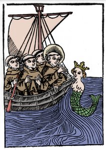 La légende de Saint Brendan (Brandan), héros et saint irlandais du VIe siècle. La rencontre de Saint Brendan avec la sirène. Gravure de « Die Wunderbare Meerfahrt des Hl. Brandan » Bâle