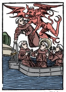 La légende de Saint Brendan (Brandan), héros et saint irlandais du VIe siècle. Le diable emporte le moine voleur. Gravure de « Die Wunderbare Meerfahrt des Hl. Brandan » Bâle
