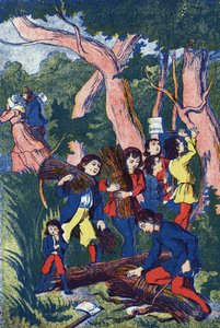 Les bûcherons abandonnent leurs enfants. Illustration pour « Le Petit Poucet », conte de Charles Perrault (1628-1703), écrivain français. Illustration anonyme. Imagerie Marcel Vagne, Jarville Nancy, fin du XIXe siècle.