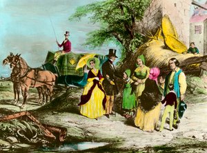 Le seigneur et son fermier. Le maître du domaine rend visite aux paysans. Gravure du XIXe siècle - Unknown artist