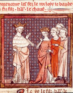 Le mariage de Louis II le Bègue (846-879) roi des Francs et Adélaïde de Frioul en 875. Miniature tirée de "Grandes Chroniques de France" 1375-1379 Bibliothèque municipale, Castres - Unknown artist