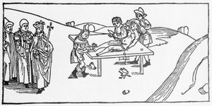 Le martyre de Saint Jacques le Majeur infligé par Hérode Agrippa, roi de Judée. Gravure de "Leben der Heiligen - sommerteil" (Le livre des saints) par Jacques de Voragine (1228-1298). Lübeck 1488 - Unknown artist