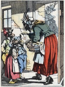La mère chèvre part en promenade et avertit ses biquets. Illustration du conte « Compère le Loup, Maître Renard, Commère la Chèvre et ses petits biquets » d