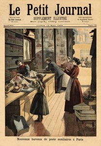 Les nouveaux bureaux de poste auxiliaires à Paris, certains négociants ouvrent un guichet de service postal, parallèlement à leurs activités commerciales. Gravure dans Le petit journal 14/05/1894. Collection Selva - Unknown artist