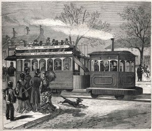 Les nouveaux tramways à vapeur à Paris en 1876 circulant sur la ligne de Saint-Germain-des-Prés à la porte de Chatillon, gravure. Collection Bianchetti