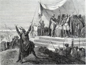 Le serment des deux frères devant leur armure : Charles II le Chauve et Louis II le Germanique prêtent serment contre Lothaire Ier (Serments de Strasbourg 842). Gravure du XIXe siècle. - Unknown artist