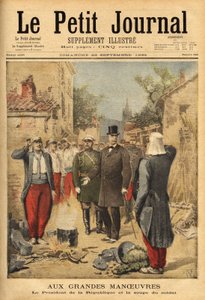 Le président de la république, Félix Faure (1841-1899), visite les troupes à Langres lors des grandes manœuvres et tradition pour tous les visiteurs, il goûte la soupe du soldat. Gravure dans « Le petit journal » 22/09/1895. Collection Selva - Unknown artist