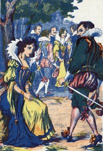 La bêtise de la princesse éloigne les courtisans. Illustration anonyme pour « Riquet à la houppe », conte de Charles Perrault (1628-1703), écrivain français. Imagerie Marcel Vagne, Jarville Nancy, fin 19e siècle.