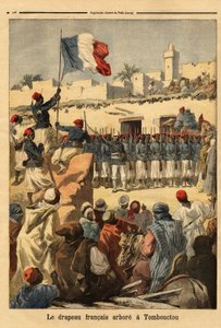 Le lever du drapeau français à Tombouctou (Mali) par le lieutenant-colonel François Xavier Bonnier (1857-1944) lors de la conquête française du Soudan français (actuel Mali)