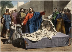 La résurrection du fils de la veuve de Naïm : Jésus-Christ ressuscite le fils unique de la veuve. Gravure du milieu du 19ème siècle - Unknown artist