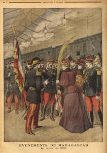 Le retour du 200e régiment du colonel Brice Bizot (1848-1929) à Port-Vendres, où les dames de Perpignan leur ont offert une palme tricolore pour célébrer leur héroïsme. Gravure dans "Le petit journal" 5/01/1896. Collection Selva. - Unknown artist