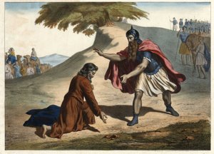 Le retour de Jacob et sa rencontre avec Ésaü - Jacob retourne en terre de Canaan avec ses femmes et ses enfants : il rencontre son frère Ésaü. Gravure de la moitié du XIXe siècle