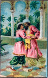 Le retour du prince. Conte « Histoire du cheval enchanté » dans « Les mille et une nuits ». Chromolithographie de la fin du XIXe siècle.