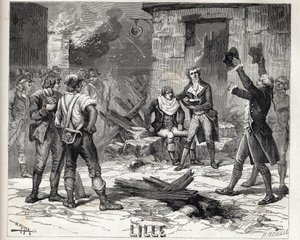 Le plat à barbe de Lille. Un épisode du Siège de Lille en 1792 pendant les guerres révolutionnaires françaises - Siège de Lille en 1792 : la perruque de Maes utilisant un éclat de bombe comme plat à barbe pour raser un client - Unknown artist