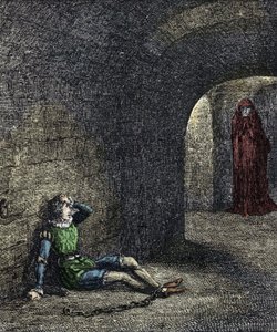 Le spectre de la tour. Le prisonnier enchaîné dans un cachot voit un fantôme devant lui. Illustration pour « La tour de Londres » par William Harrison Ainsworth XIXe siècle