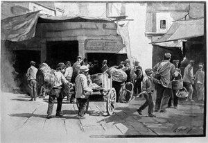 Les vendeurs ambulants et la promenade du quartier de Vuccirla à Palerme, Sicile. Gravure du XIXe siècle - Unknown artist