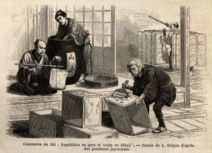 Le commerce du thé : expédition en gros et au détail. Gravure pour illustrer le voyage au Japon, par Aimé Humbert, ministre de la Confédération suisse, en 1863-1864, publié dans « Le tour du monde » 1869, édité par Edouard Charton, édition Hachette, Paris - Unknown artist