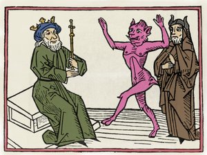 Le procès de Belial : « Le démon Belial danse devant le juge Salomon » Gravure de « Le procès de Belial » par Jacobus de Teramo (ou Palladino), Ausburg - Unknown artist