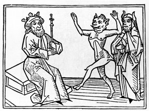 Le procès de Belial : « Le démon Belial danse devant le juge Salomon » Gravure de « Le procès de Belial » par Jacobus de Teramo (ou Palladino), Ausburg - Unknown artist