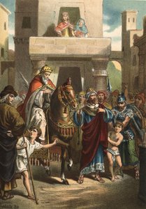 Le triomphe de Mardochée (ou Mordekhai ou Mardochée), personnage biblique (Ve siècle av. J.-C.). Dans "El Culto de la Hermosura" par Juan Justo Huguet, Molinas Hermanos éditeurs. - Unknown artist