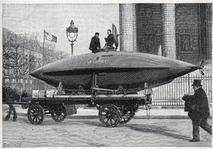 Le bateau sous-marin « Le Goubet », transporté pour des expériences, passe place de la Madeleine à Paris. Gravure dans « La Nature » - Unknown artist