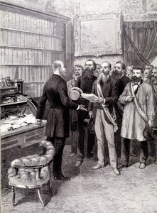 La visite des délégués ouvriers au Palais Bourbon (Jules Guesde, M. Ferroul, M. Baudin et M. Thivrier) au Secrétaire Général de la Présidence : M. Martin, lors de la manifestation du 1er mai