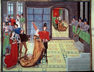 Le mariage de Renaud et Clarisse, en arrière-plan la nuit de noces. Miniature du manuscrit « Renaud de Montauban » ou « Les quatre fils Aymon » par Loyset Liedet (actif entre 1448 et 1478). Ms. 5073. 15ème siècle Bibliothèque de l