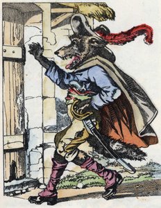 Le loup frappe à la porte de la maison des biquets. Illustration du conte « Compère le Loup, Maître Renard, Commère la Chèvre et ses petits biquets » d