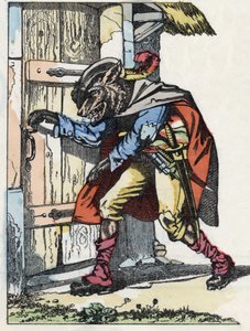 Le loup frappe à la porte de la maison des biquets. Illustration du conte « Compère le Loup, Maître Renard, Commère la Chèvre et ses petits biquets » d