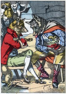 Le loup rencontre à nouveau le renard. Illustration du conte « Compère le Loup, Maître Renard, Commère la Chèvre et ses petits biquets » d