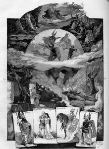 Pièce de théâtre « Die Walküre » (La Walkyrie), drame de Richard Wagner (1813-1883) représenté au Théâtre de la Monnaie à Bruxelles. Gravure dans « Le Monde illustré »