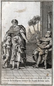 Théodose Ier (Flavius Theodosius) (347-395), empereur romain, veut que ses deux fils, Arcadius (377-408) et Honorius (384-423), se lèvent pour écouter les leçons de leur maître. IVe siècle. Gravure dans « Beauté de l