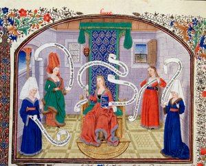 Théorie des vertus intellectuelles. Les paroles sont écrites dans les phylactères. Miniature du manuscrit (Ms 927 Fol.93v) Commentaire sur l