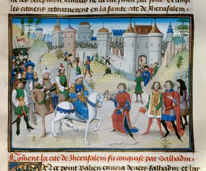 Troisième croisade : la capture de Jérusalem par le sultan Saladin (1138-1193) en 1187. Miniature de la « Chronique abrégée » de David Aubert - Unknown artist